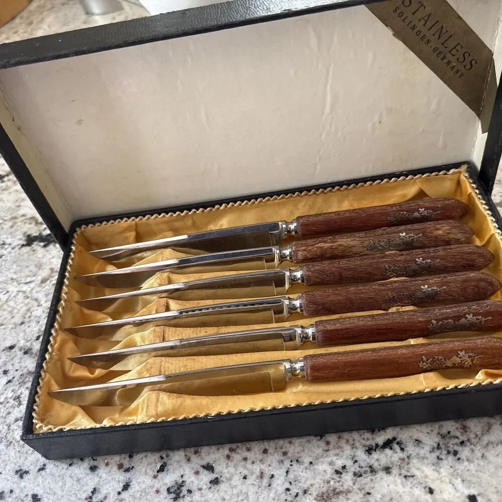 Jordan Marsh Co Germany Stainless Set of 6 VTG Steak Knives Teak Handle
